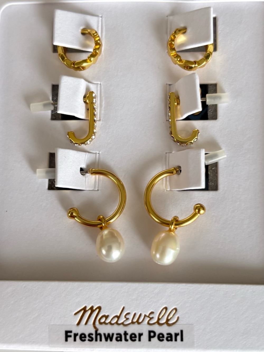 Madewell Gold Pearl and Crystal Mixed Hoop Earring Trio Set